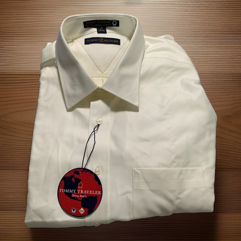 Vintage Tommy Hilfiger Dress Shirt Mens 17 34/35 Tommy Traveler White Twill 90s